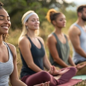Grupo de personas meditando al aire libre en un entorno natural.