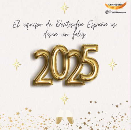 Texto en dorado que dice "2025" con un fondo festivo y decoraciones brillantes.