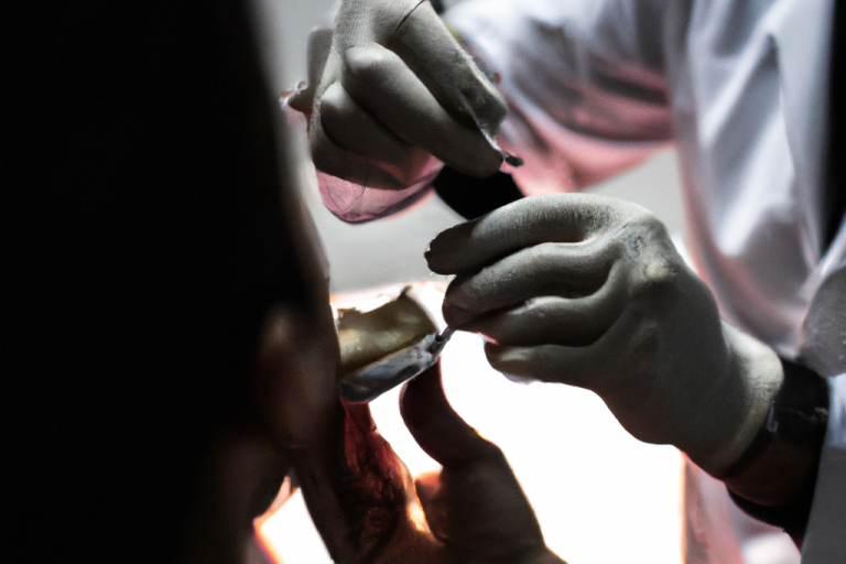 Dentista aplicando un tratamiento dental a un paciente.
