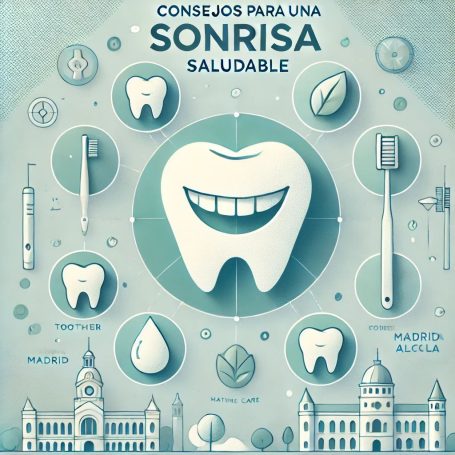 Iconos de higiene dental con un diente central y consejos para una sonrisa saludable.